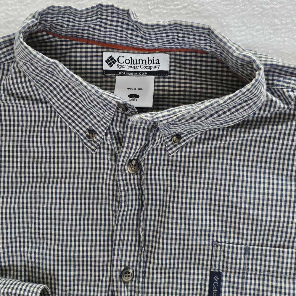 Columbia Mens Large Gingham Button Down Shirt Green White Long Sleeve L